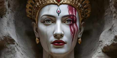 Dramatic close-up portrait of a woman with elaborate face paint and golden headdress