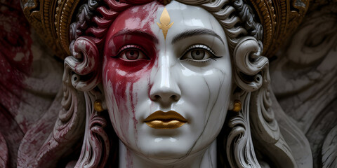 Striking dual-toned portrait of a divine figure with dramatic lighting and artistic color split