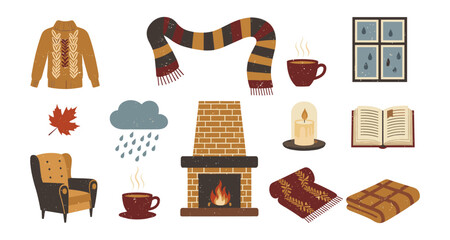 Cozy autumn elements: sweater, scarf, fireplace, and rainy day comforts