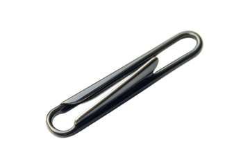 Close up of a textured metal paperclip isolated on transparent background. Black Paper clip isolated on white background.