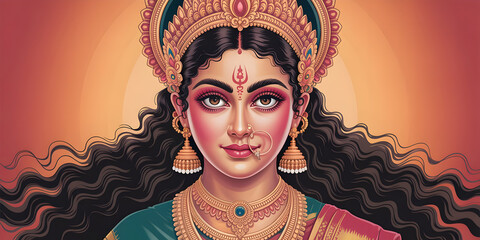 Detailed close-up portrait of a divine hindu goddess with elaborate headdress and jewelry
