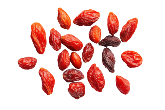 Pile of dried goji berries isolated on transparent background. Black goji berry isolated on white background.