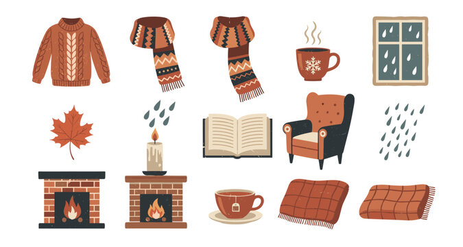 Cozy autumn essentials with sweater, scarves, and warm beverages for a comforting fall day