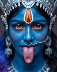 Intense portrait of goddess kali with blue skin tongue out regal crown