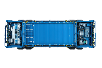 Blue shipping container viewed from the rear isolated on transparent background. Blue cargo container shipping freight twenty feet isolated on white background.