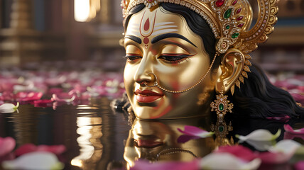 Devotional close-up portrait of a golden deity surrounded by softly blurred pink and red petals