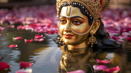 Devotional close-up portrait of a deity adorned with intricate golden jewelry and flowers
