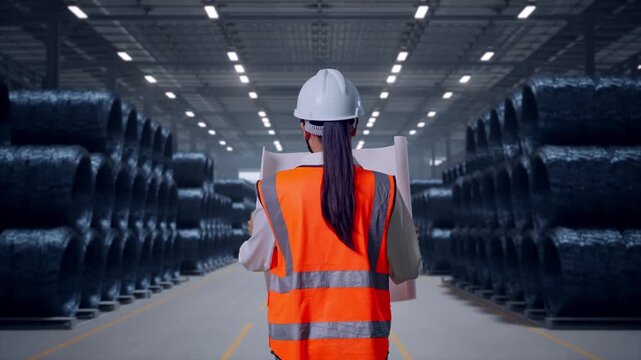 Back of Asian Female Engineer Looking At Blueprint In His Hands While Walking in Warehouse of Steel Wire Rod