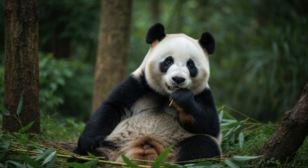 Giant panda seated amidst bamboo, eating with focus in a lush, green forest setting