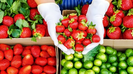 Harvesting fresh strawberries at market stalls vibrant colors fruit display close-up