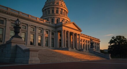Obraz premium Grand government building bathed in morning sunlight, featuring steps and a prominent dome