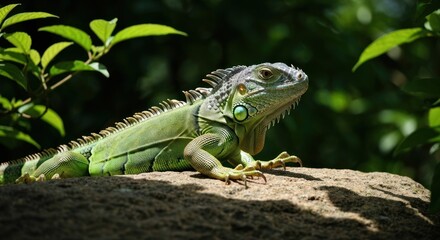 Fototapeta premium Green iguana basks on a rock, illuminated by sunlight amidst lush green foliage