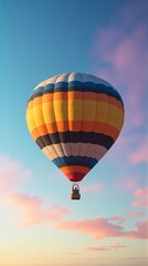 Naklejka premium A vibrant, multicolored hot air balloon floats serenely against a twilight sky painted with soft pinks and purples, capturing the tranquil beauty of aerial adventure at sunset.