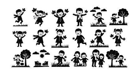 Children playing with autumn leaves silhouettes set in nature