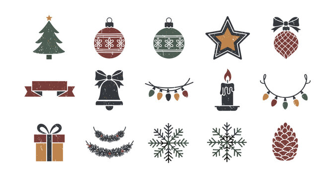 Rustic christmas icons: festive elements in vintage distressed style for seasonal designs - Powered by Adobe