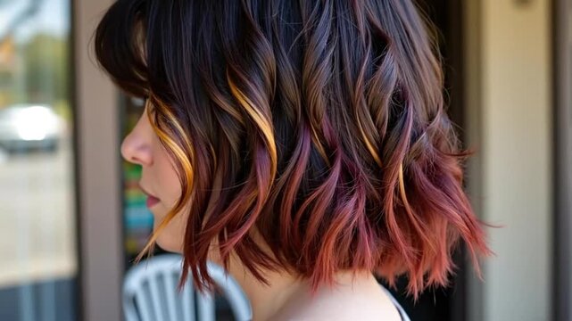 Side view of a woman with trendy short wavy hair featuring colorful highlights and ombre