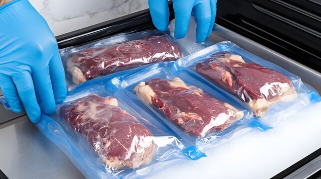 Vacuum sealing fresh meats for long-term storage kitchen food preparation home close-up