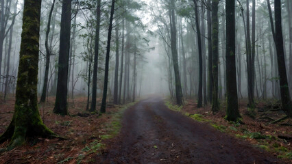 Fototapeta premium Misty Forest Path with Tall Trees and Mossy Ground in Serene Foggy Landscape