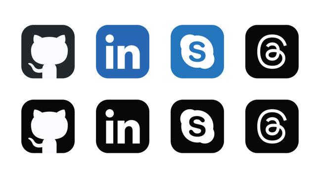 github, linkedin, skype, threads social media logo icon set colorful black round square vector design