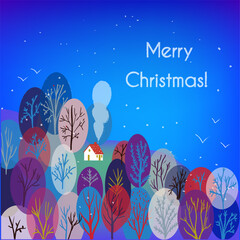 Christmas cute greeting card – vector design with trees and house
