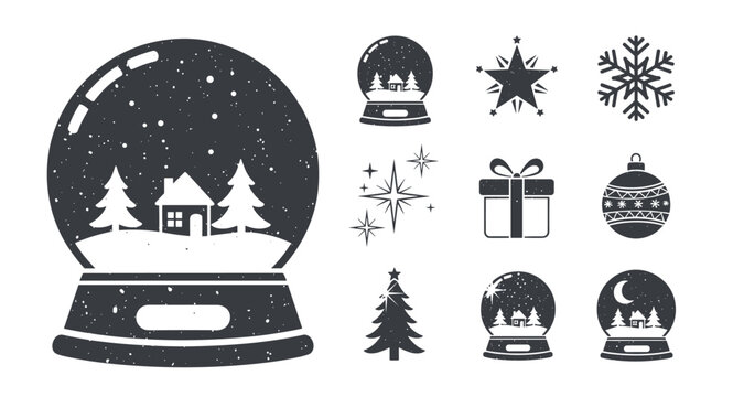 Charming winter snow globe collection with festive elements in black silhouette style