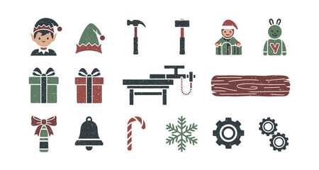 Festive workshop elements with rustic christmas icons and toys
