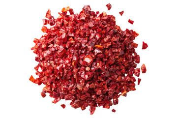 Pile of crushed red chili flakes isolated on transparent background. Crushed red chili pepper isolated on white background.
