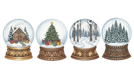 Four christmas snow globes with different winter scenes transparent background cutout png