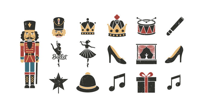 Nutcracker ballet icons set featuring soldiers, crowns, and musical notes in flat style