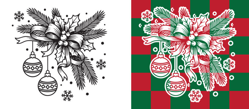 Christmas Bouquet Vector Illustration with Poinsettia Bells and Ornaments in Festive Hand Drawn Style Perfect for Holiday Cards Posters Stickers and Winter Season Graphic Design Projects