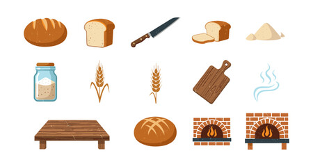 Bakery elements set: bread, knife, dough, wheat, rustic board, ovens