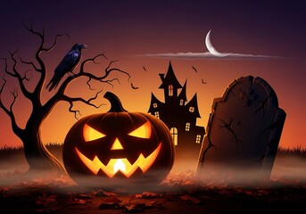 Spooky Halloween night scene with a glowing jack-o'-lantern, haunted house, crow on a bare tree, and tombstone under a crescent moon.