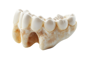 Fossilized animal jawbone with teeth isolated on transparent background. Dental 3d model of premolar tooth isolated on white background.