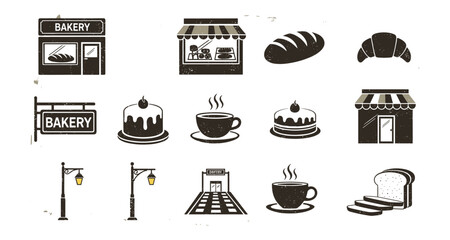 Rustic bakery icons: bread, pastries, and coffee in distressed style