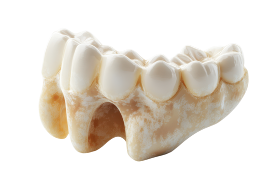 Fossilized animal jawbone with teeth isolated on transparent background. Dental 3d model of premolar tooth isolated on white background.