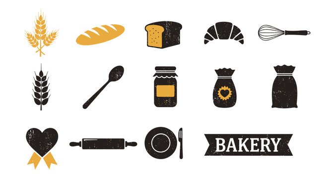 Rustic bakery icons set including bread, wheat, and baking tools in vintage style