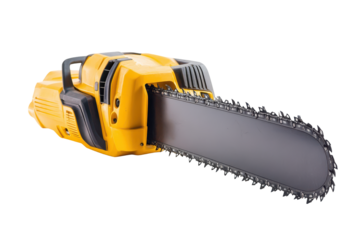 Yellow chainsaw with sharp chain isolated on transparent background. Electric chainsaw isolated on white background.