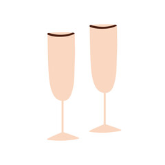 Champagne glasses. Champ wineglasses for festive alcohol drink, holiday party celebration. Stemware, glassware, drinkware for alcoholic beverage. Flat vector illustration isolated on white background