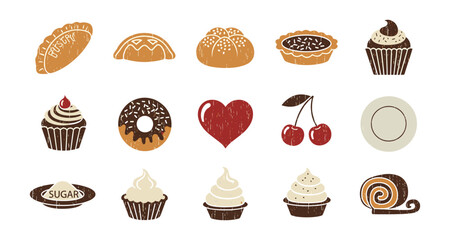 Rustic bakery icons: cupcakes, donuts, pastries, and desserts in flat style
