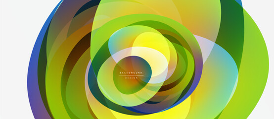 Abstract colorful layers create dynamic circular design. Vibrant gradients blend, forming modern visual experience. Smooth curves suggest movement, energy.