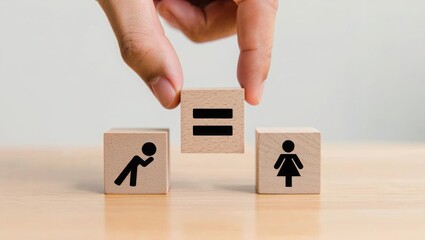 Hand placing equality symbol between male and female icons on wooden blocks