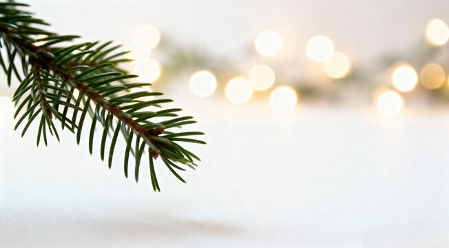 Festive Christmas holiday background with a pine branch and blurred bokeh lights, generative AI