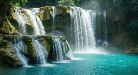 Obraz premium Majestic cascading waterfalls, crystal clear turquoise water, lush greenery, natural beauty