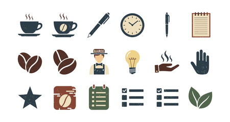 Coffeehouse essentials icons: rustic charm with cafe vibes and vintage style