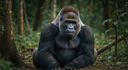 Majestic silverback gorilla sits calmly in lush forest, gazing directly at the viewer