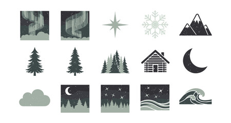 Winter forest icons: night sky, mountains, cabin, and nature elements