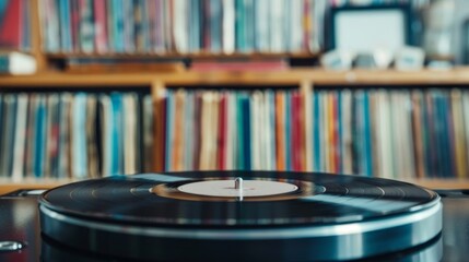 Vinyl turntable with a spinning record player on a background of a blurred shelf of books and music albums.
Great to fit in materials about retro technology, music,  