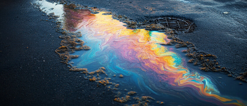 Multicoloured oil slick on the asphalt, rainbow coloured splashes near the drain grate.
Illustrates ecological problems, environmental pollution, consequences of oil spills,  