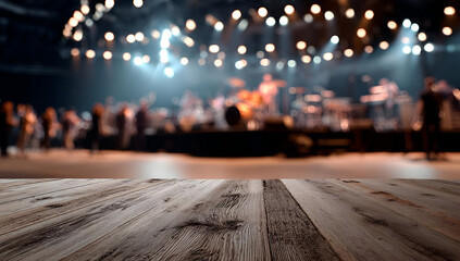 A vibrant concert scene with blurred lights and a wooden stage, capturing the excitement of live music events.