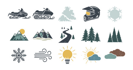 Winter adventure icons set featuring snowmobiles, nature elements, and gear in vintage style